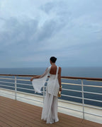 Cocoslly Strapless Split Holiday Summer Long Prom Dress With Scarf | White Satin And Chiffon ZT0604