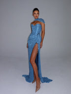 Cocoslly Strapless Sweetheart Sleeveless High Waist Long Split Prom Dress With Shawl | Silver Grey Sequins YK1275