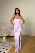 Cocoslly Strapless Sleeveless High Waist Long Prom Dress With Split And Pleated | Ice Blue Satin YC0566