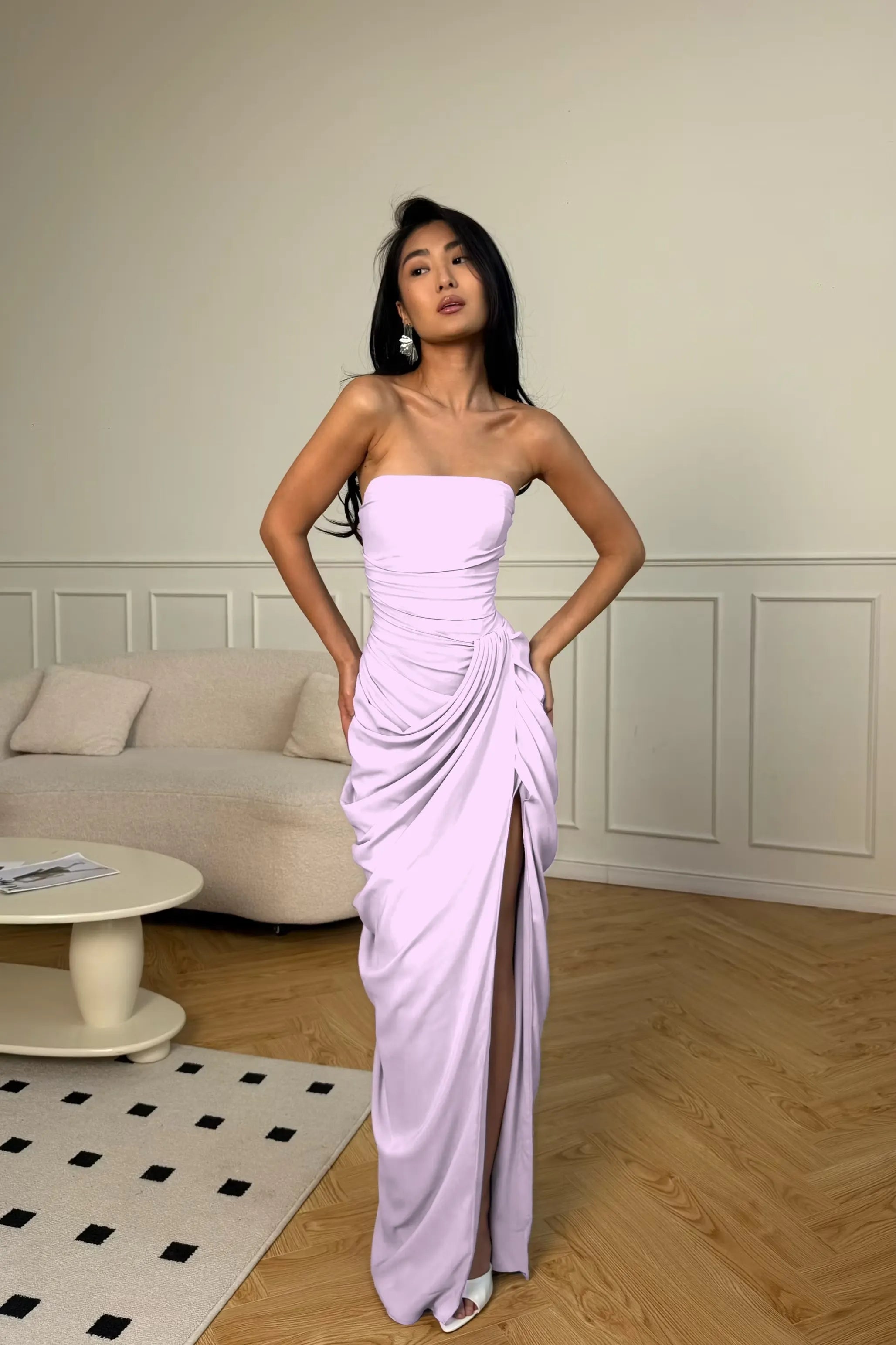 Cocoslly Strapless Sleeveless High Waist Long Prom Dress With Split And Pleated | Ice Blue Satin YC0566