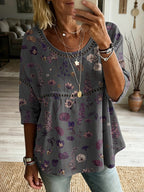 Women's Floral Art Print Flowy Linen Blend Casual Tops