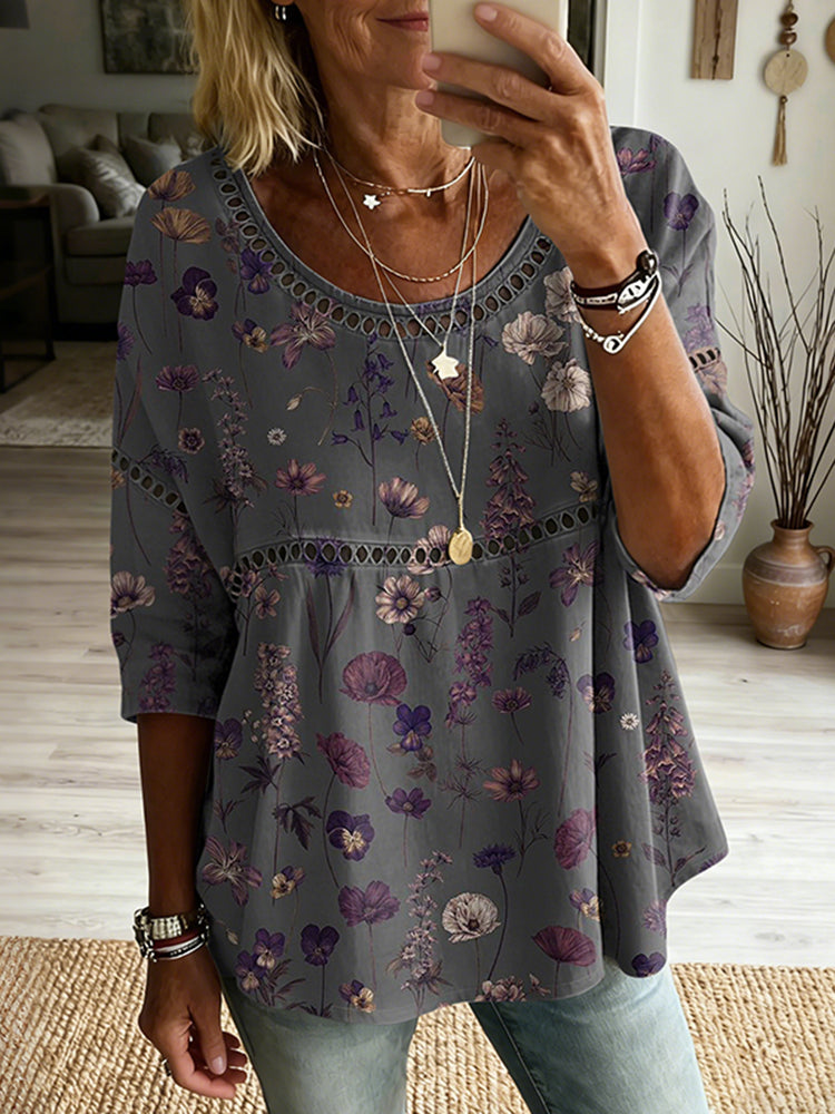 Women's Floral Art Print Flowy Linen Blend Casual Tops