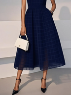 Navy Blue Organza Mesh Plaid Classic Crew Neck Sleeveless A-Line Midi Dress
