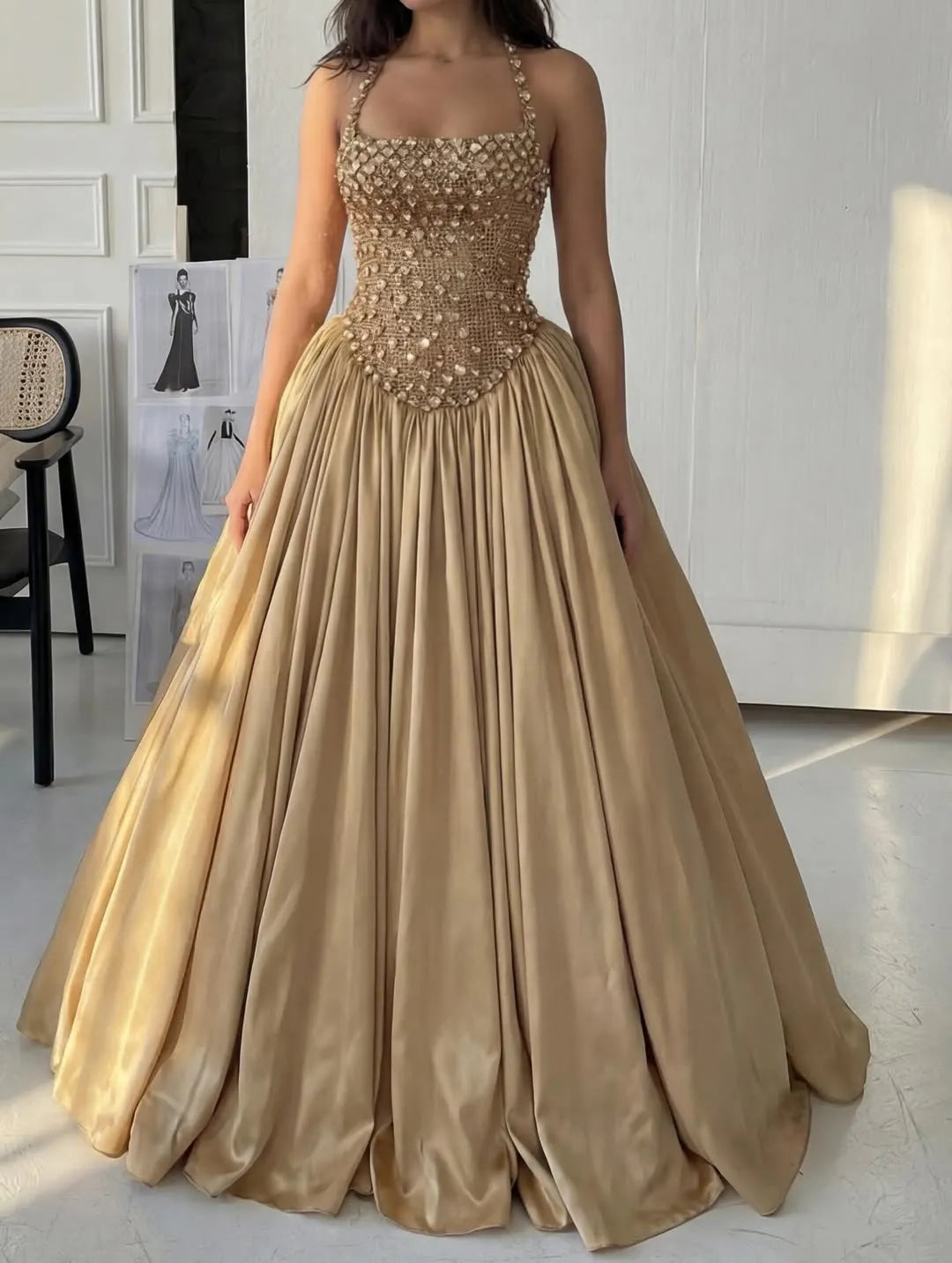 Cocoslly Halter Neck Strapless Sleeveless Long A-Line Prom Dress With Pleated And Sequins Rhinstone | Champage Satin YK0886