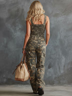 Western Retro Military Green Camouflage Denim Sleeveless Jumpsuit