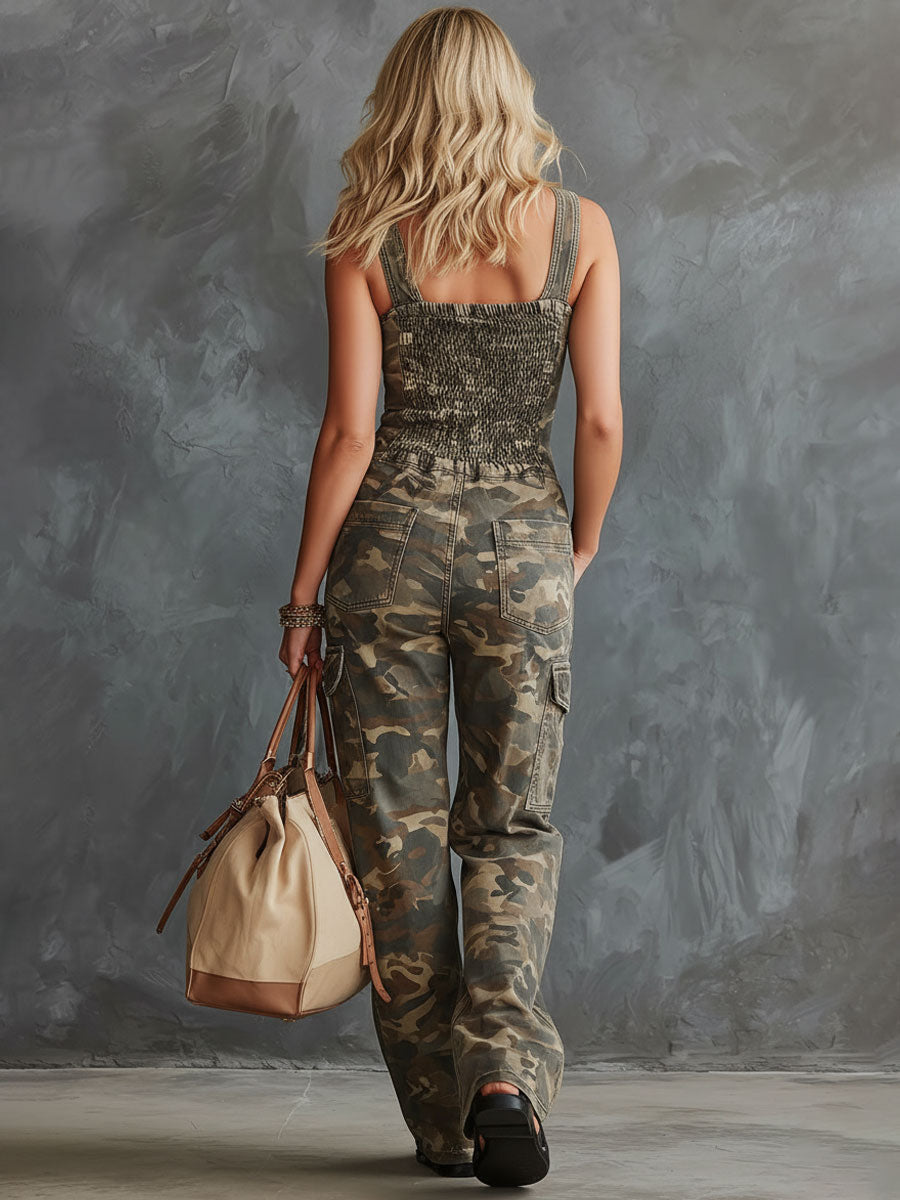Western Retro Military Green Camouflage Denim Sleeveless Jumpsuit