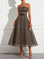 Champagne Glitter Beaded Sequin Strapless Sleeveless A-Line Midi Dress