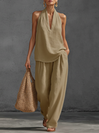 Casual Urban Style White Linen V-neck Sleeveless Top And Wide Leg Pants Set