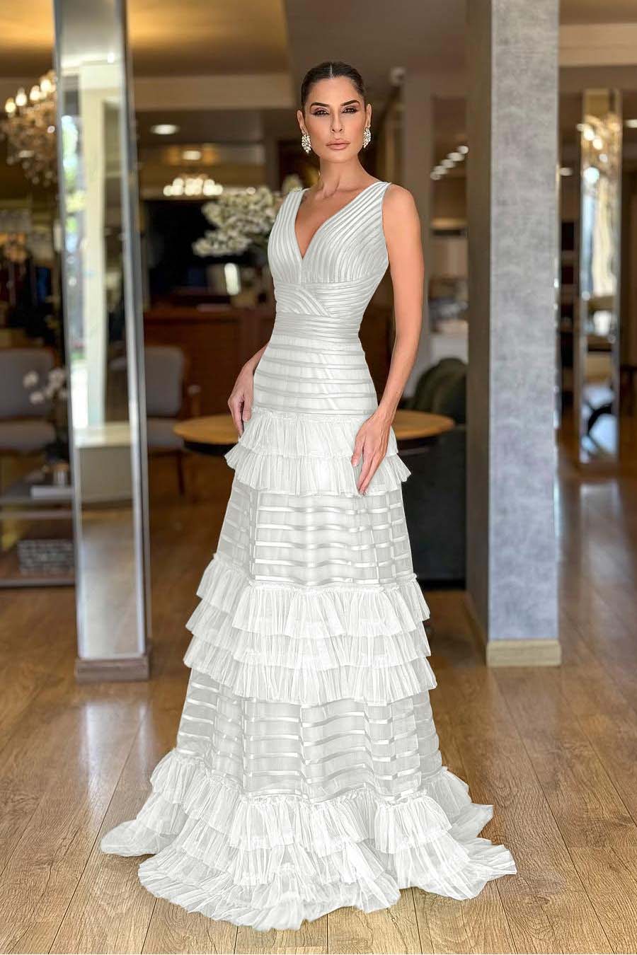 Tulle V-Neck Wide Shoulder Straps Sleeveless Long A-Line Prom Dress With Ruffles And Pleated WQ0149