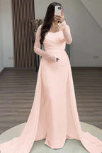 Square Neck Long Sleeves High Waist Long Pleated Mermaid Prom Dress With Beadings And Ruffles YS0057
