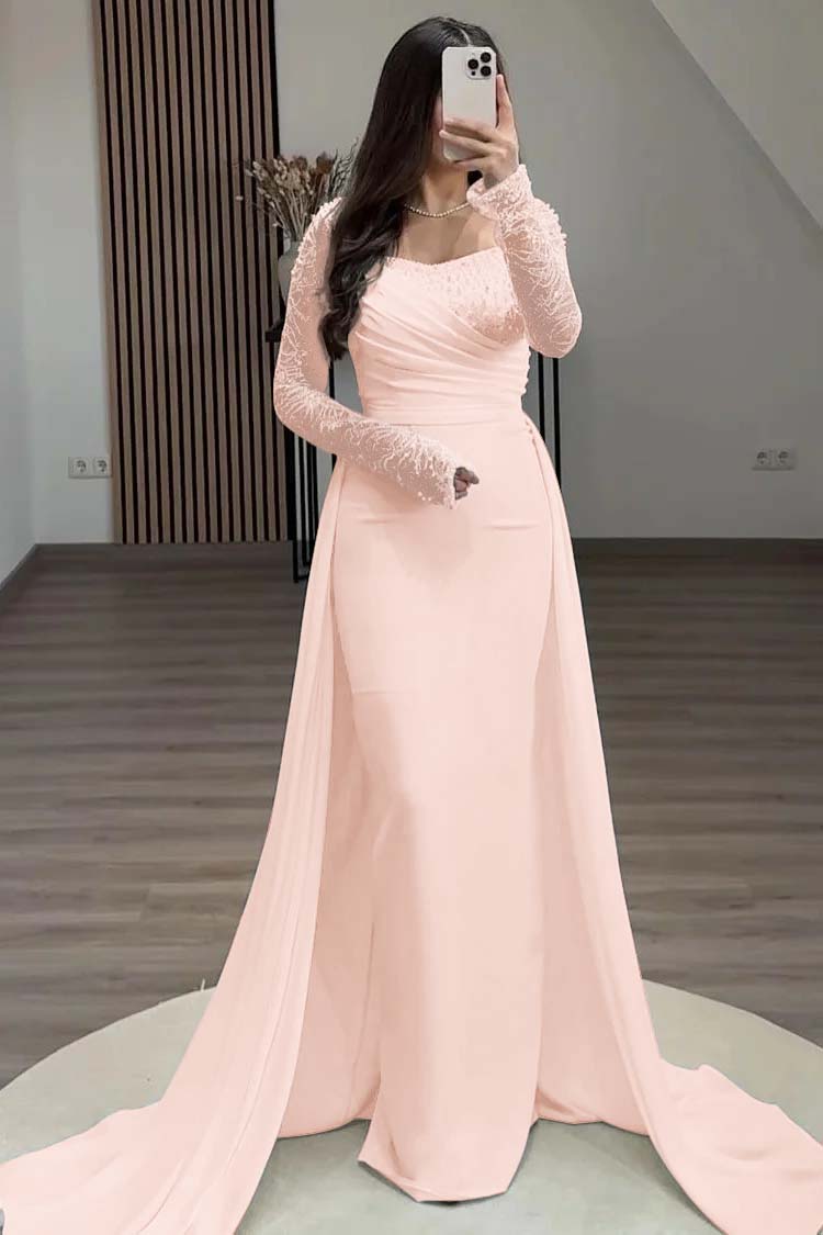 Square Neck Long Sleeves High Waist Long Pleated Mermaid Prom Dress With Beadings And Ruffles YS0057