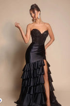 Cocoslly Strapless Sleeveless High Waist Long Split Prom Dress With Rhinstone And Ruffles | Black Satin CO0153