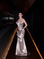 Cocoslly Strapless Sleeveless Long Mermaid Prom Dress With Pleated | Silver Satin CO0080