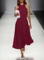 Pink Bow Peplum Chiffon Halter Sleeveless A-Line Midi Dress