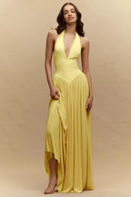 Cocoslly Halter V-Neck Sleeveless High Waist Long Prom Dress | Blushing Pink Chiffon YC0573