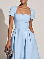 Light Blue Asymmetric Classic Square Neck Short Sleeve A-Line Midi Dress