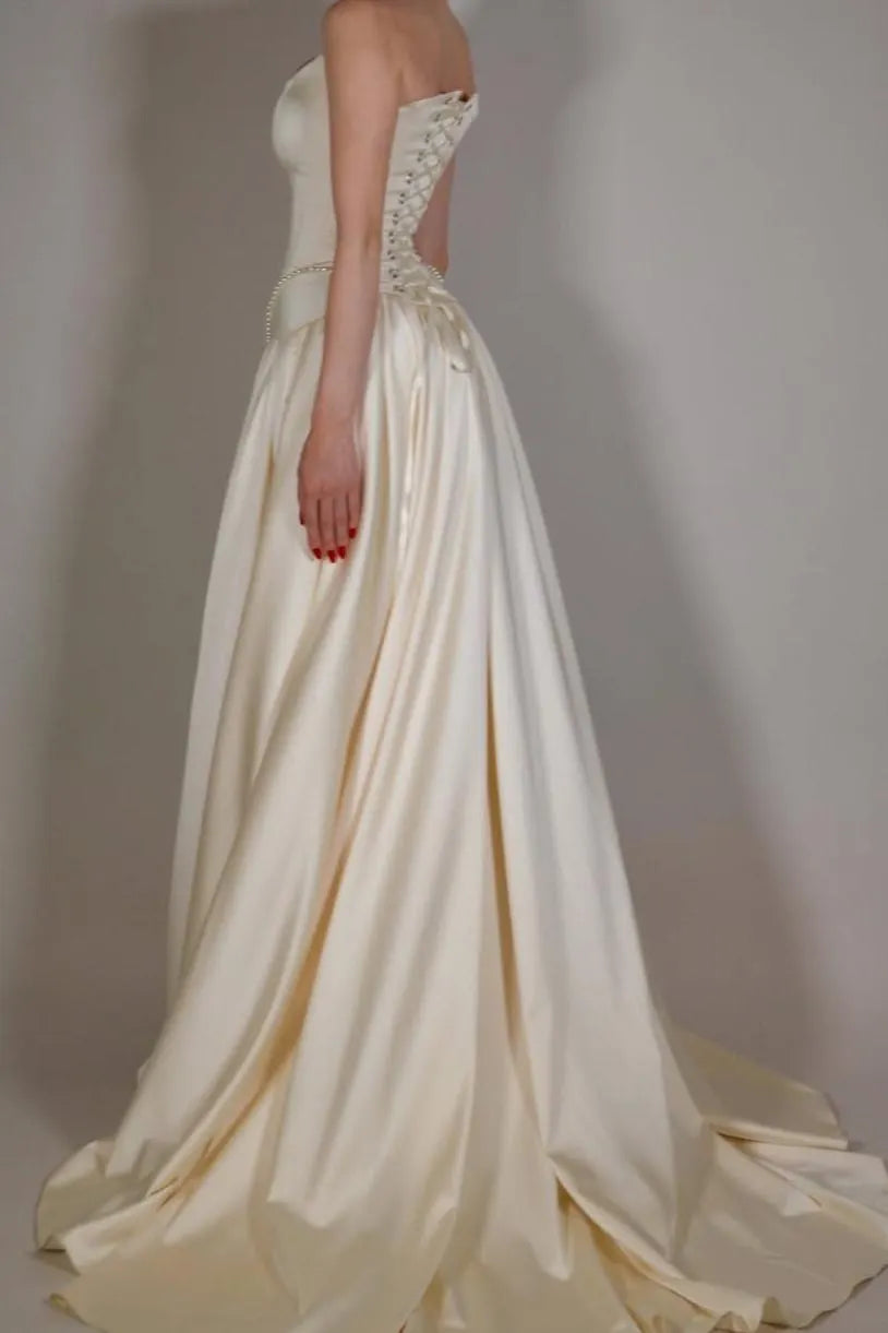 Cocoslly Strapless Sleeveless Long A Line Prom Dress With Pleated Beading
