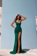 Sequins One Shoulder Sleeveless Long Prom Dress With Split Pleated WQ0183