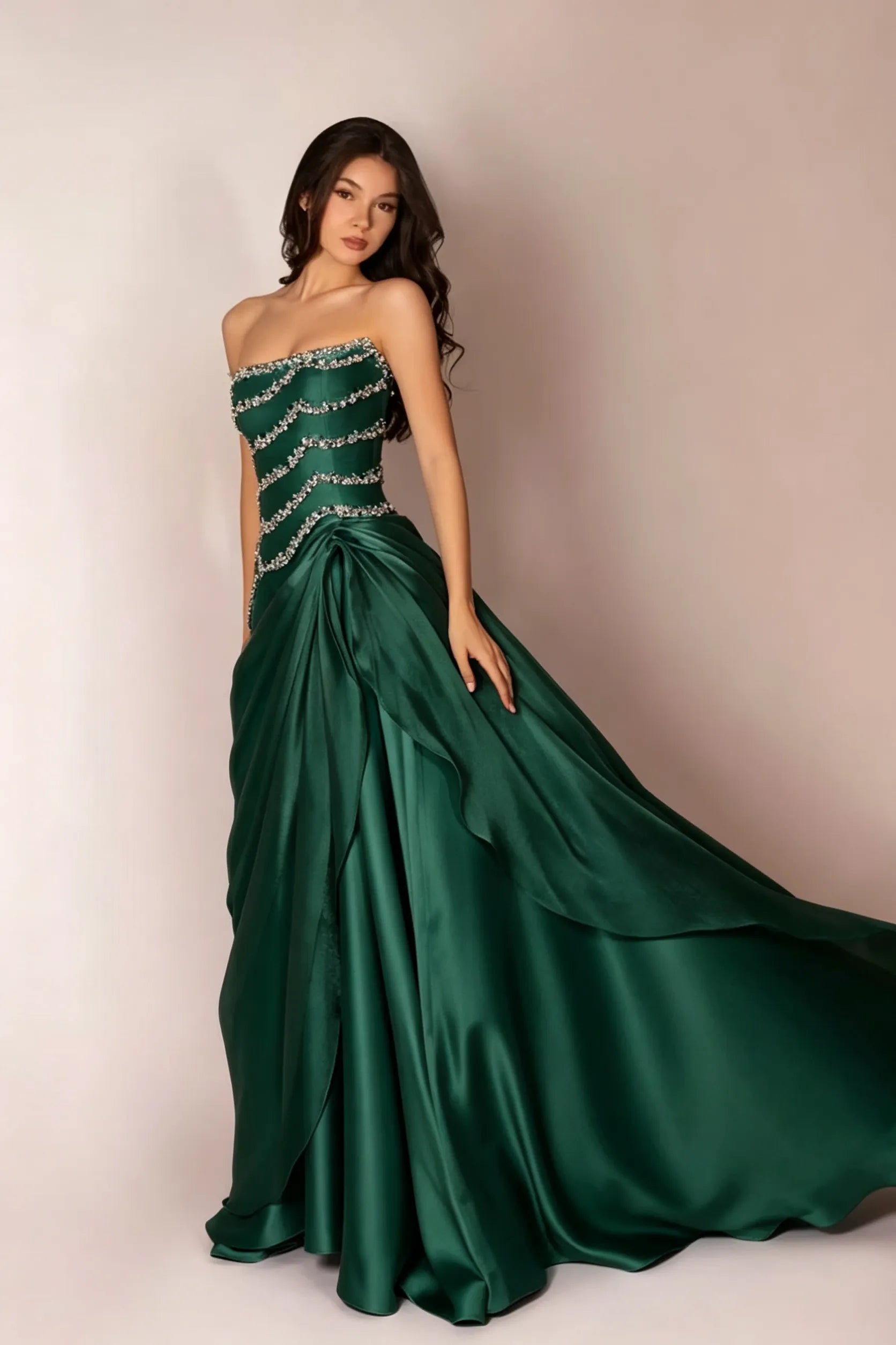 Cocoslly Strapless Sleeveless High Waist Long Prom Dress With Rhinstone And Beading Pearls | Baby Blue Satin LR0577