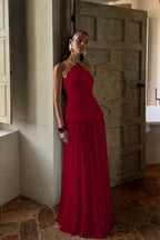 Cocoslly Halter Sleeveless High Waist Long Prom Dress With Appliques | White Chiffon YC0560