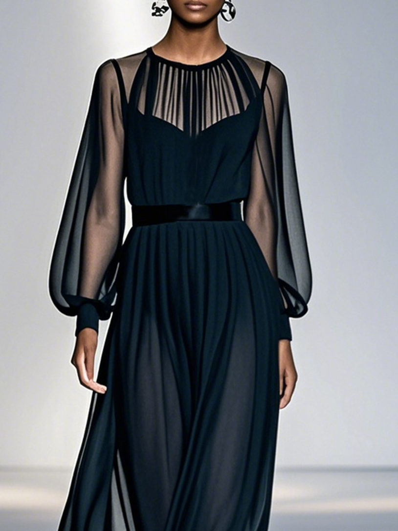 Black Mesh Ruched Chiffon Crew Neck Long Balloon Sleeve A-Line Maxi Dress