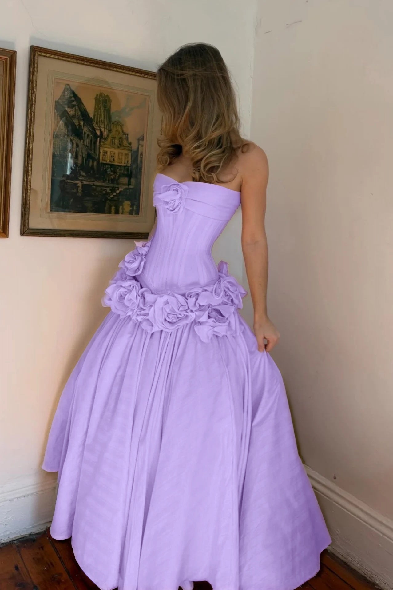 Cocoslly Strapless Sleeveless High Waist Long A Line Prom Dress With Flowers | Nude Pink Satin YC0415