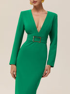 Green Classic Deep V Neck Long Sleeve Sheath Maxi Dress