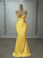 Satin V-Neck Spaghetti Straps Strapless Sleeveless Long Mermaid Prom Dress With Pleated And Beadings YK0743