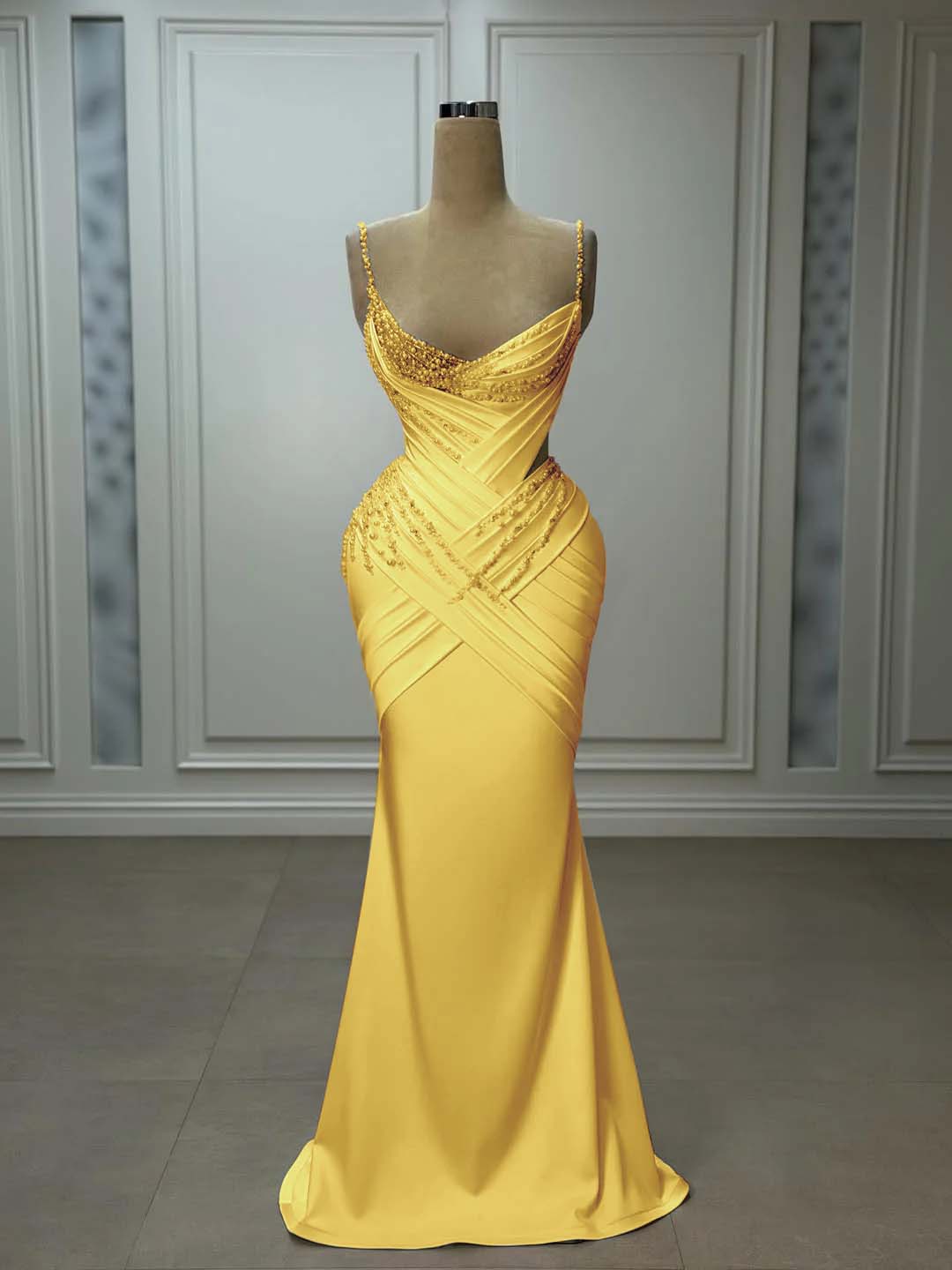 Satin V-Neck Spaghetti Straps Strapless Sleeveless Long Mermaid Prom Dress With Pleated And Beadings YK0743