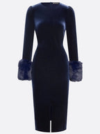 Navy Blue Slit Velvet Crew Neck Faux Fur Long Sleeve Sheath Midi Dress