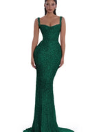 Cocoslly Spaghetti Straps Sleeveless High Waist Long Mermaid Prom Dress With Beading Pearls | Nude Champage Sequins JZ0120