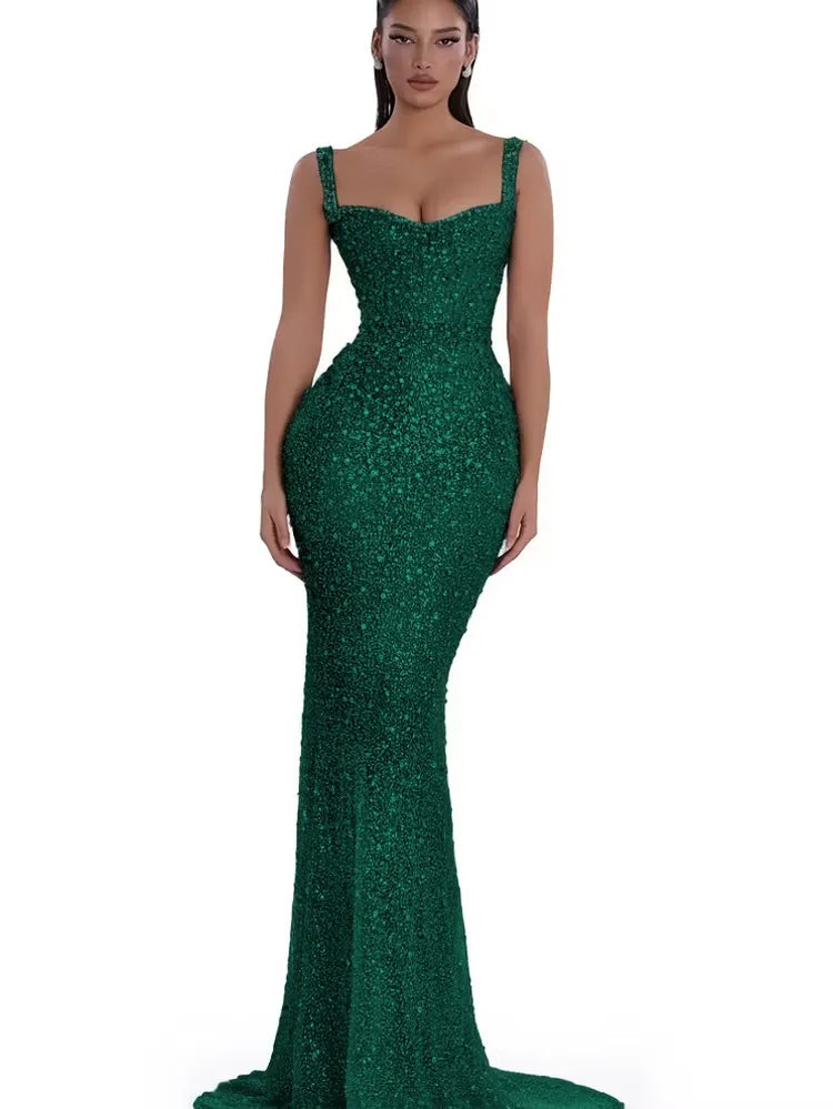Cocoslly Spaghetti Straps Sleeveless High Waist Long Mermaid Prom Dress With Beading Pearls | Nude Champage Sequins JZ0120