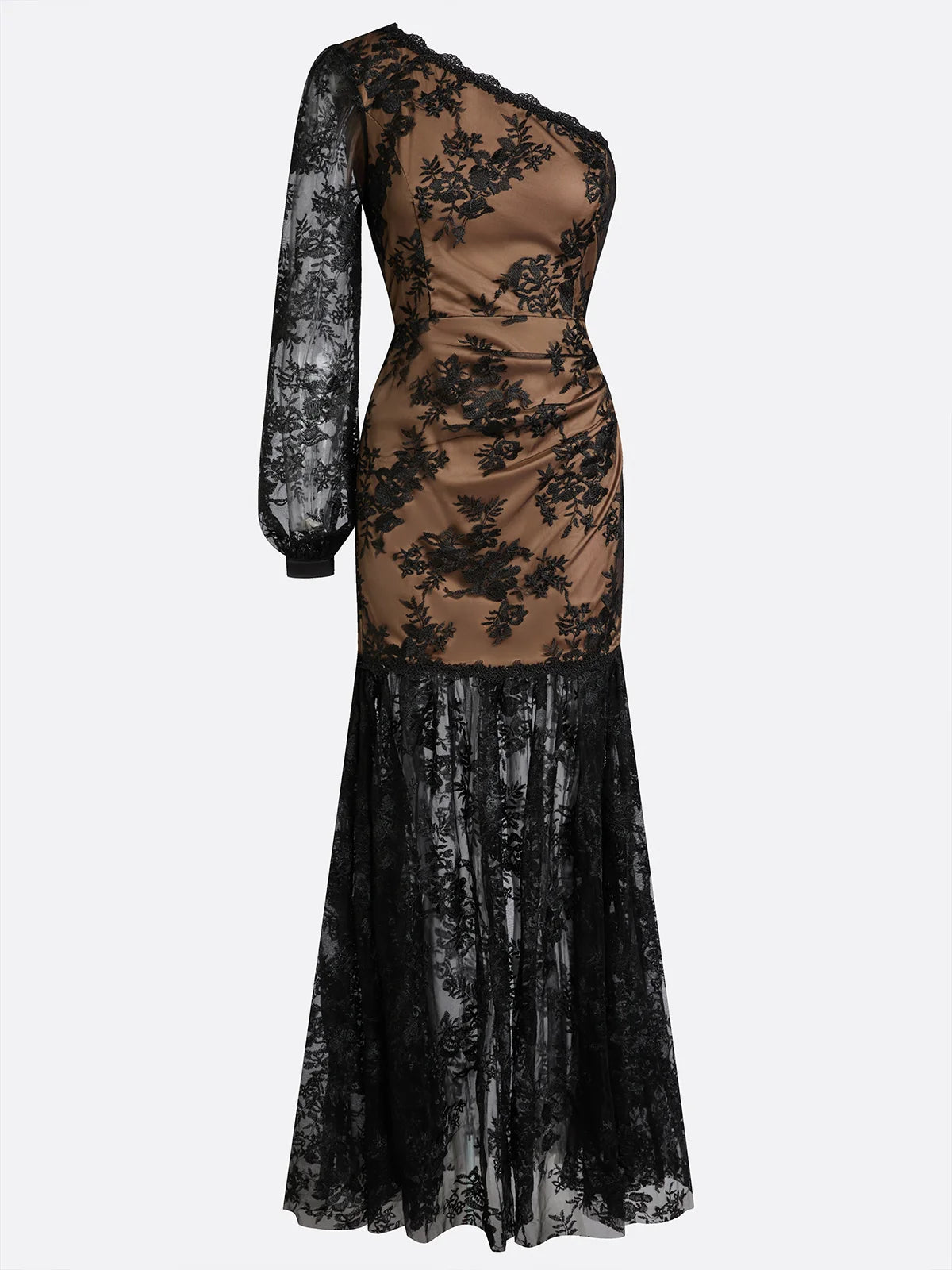 Black Embroidery Lace One Shoulder Long Sleeve Mermaid Maxi Dress