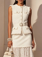 Women White Buckle Lace Crew Neck Tweed Sleeveless Dressy Top With Skirt Two-Piece Set