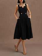Black Buckle Notched Sleeveless A-Line Midi Dress With Pockets