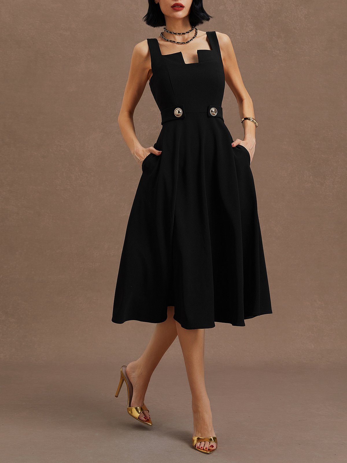 Black Buckle Notched Sleeveless A-Line Midi Dress With Pockets