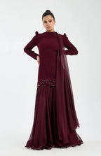Cocoslly High Neck Long Sleeves High Waist Long Prom Dress With Rhinstone | Cabemet Chiffon LR0407