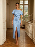 Women Blue Satin Buckle Asymmetrical Short Sleeve Dressy Top With Skirt Two-Piece Set