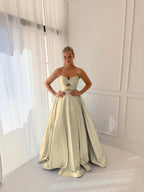Satin V-Neck Strapless Sleeveless Long A-Line Prom Dress With Pleated And Rhinstone YK0706