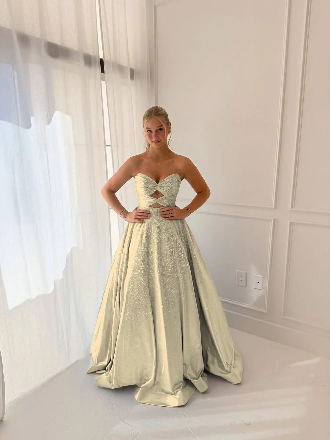 Satin V-Neck Strapless Sleeveless Long A-Line Prom Dress With Pleated And Rhinstone YK0706