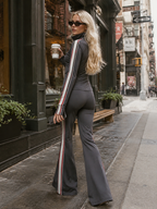 Elegant Retro Sporty Gray Cotton Fabric Lapel Front Zipper Top And Pant Set