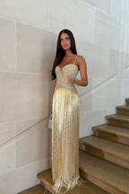 Cocoslly Spaghetti Straps Sleeveless Long Prom Dress With Beadings Tassel | Gold Beaded-Embroidered ZA0298