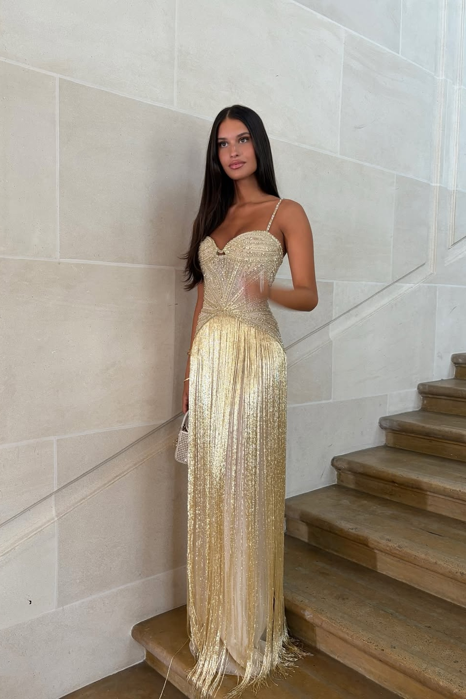 Cocoslly Spaghetti Straps Sleeveless Long Prom Dress With Beadings Tassel | Gold Beaded-Embroidered ZA0298