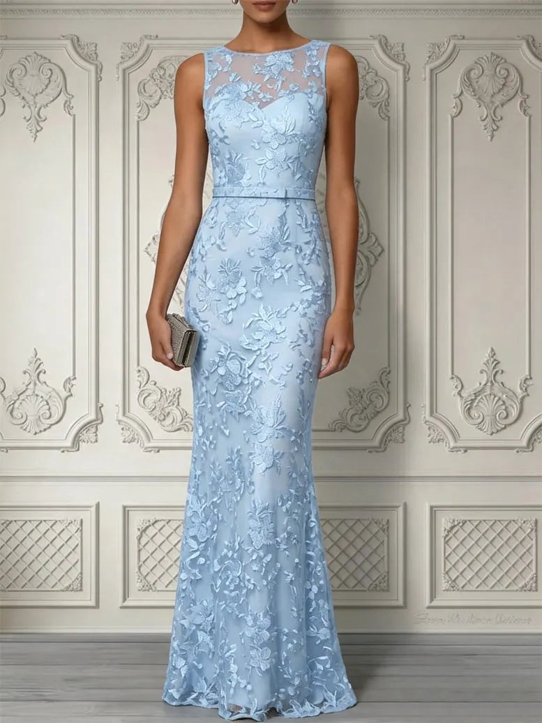 Light Blue Lace Jacquard Boat Neck Sleeveless Mermaid Floor-length Gown Dress