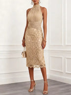 Champagne Ruched Lace Jacquard Classic Halter Neck Sleeveless H-Line Midi Dress