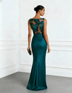 Cyan Jacquard Ruched Satin Boat Neck Sleeveless Sheath Floor-length Gown Dress