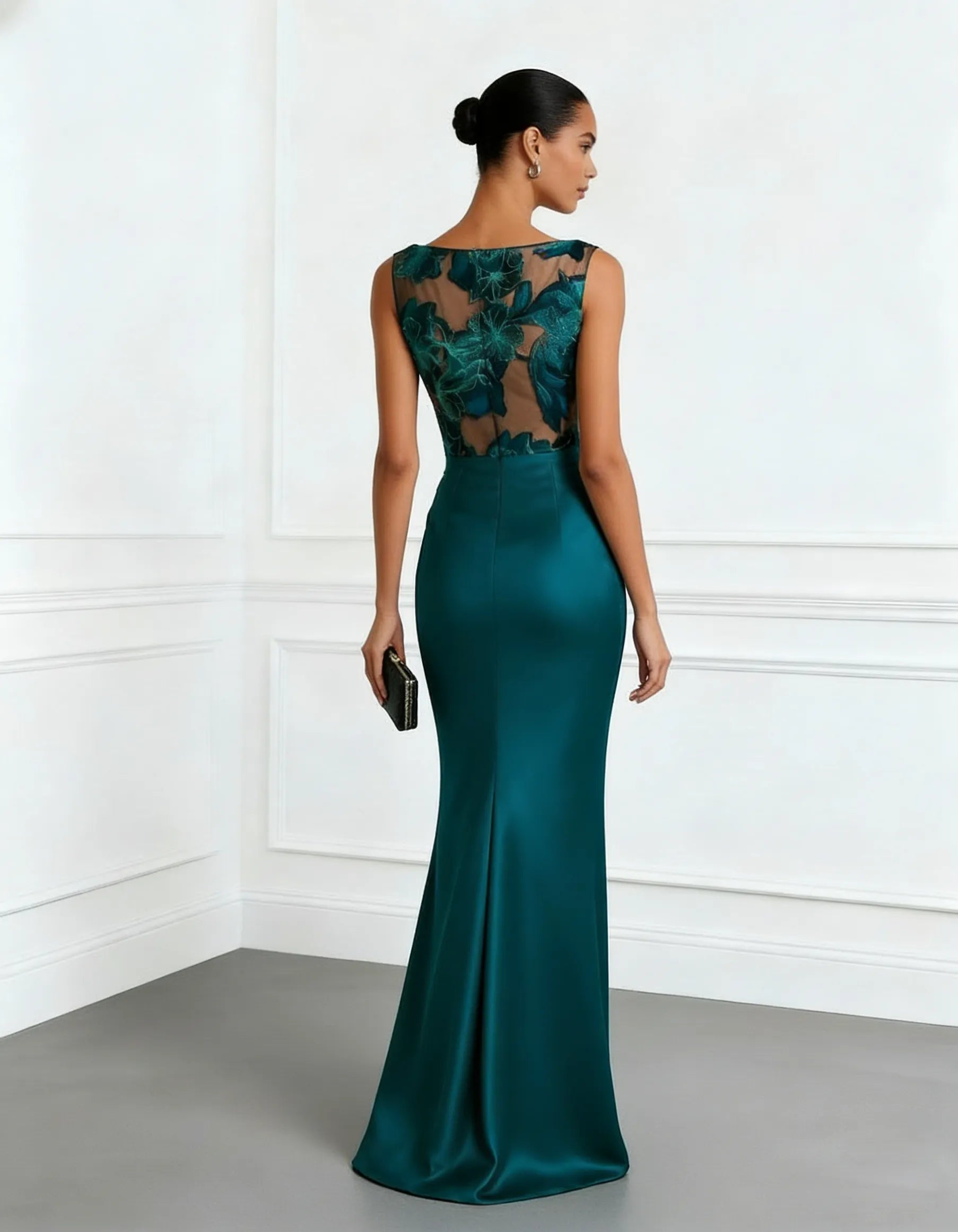 Cyan Jacquard Ruched Satin Boat Neck Sleeveless Sheath Floor-length Gown Dress