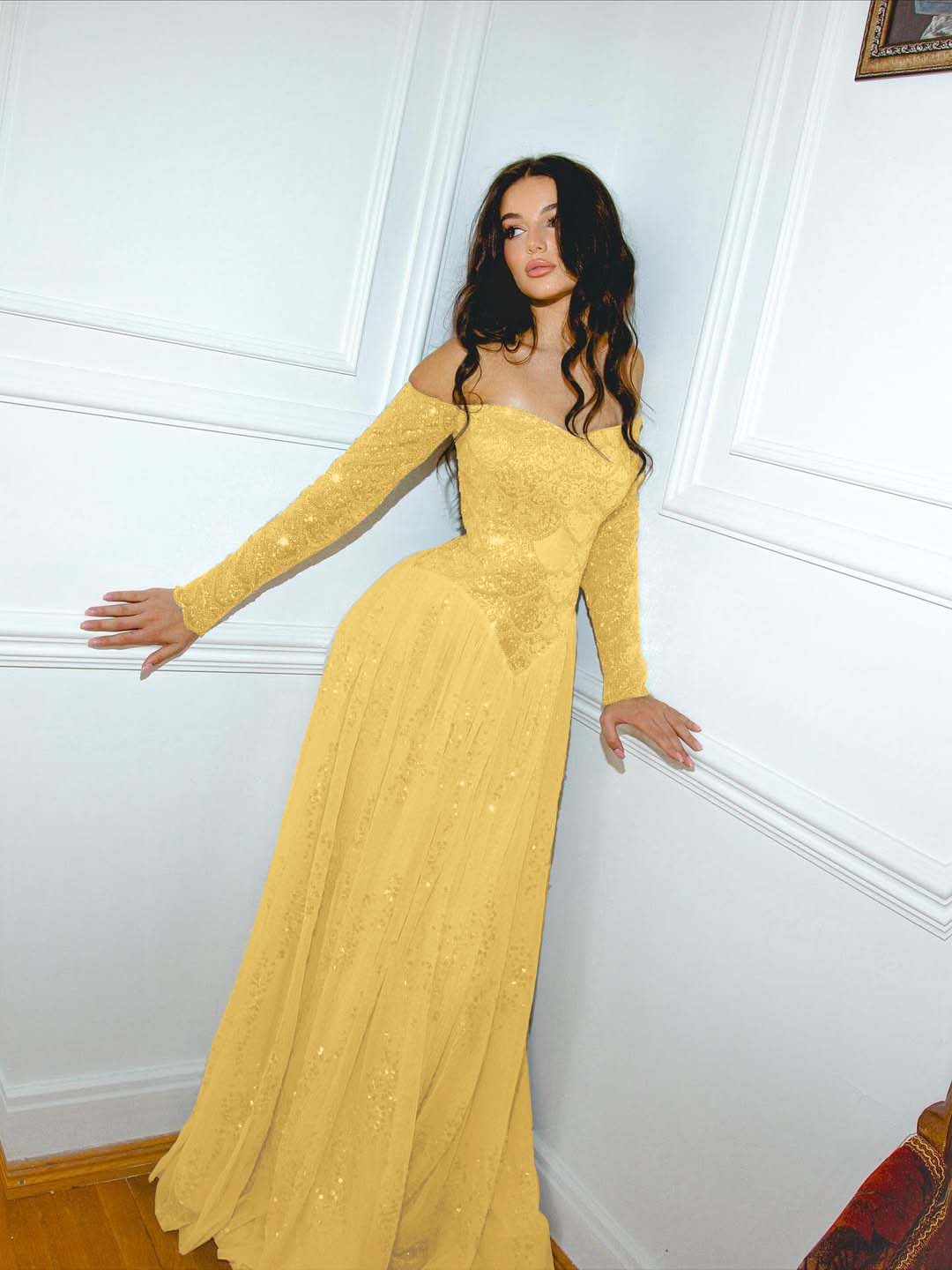 Tulle Off-The-Shoulder Strapless Long Sleeves Long A-Line Prom Dress With Sequins YK0629