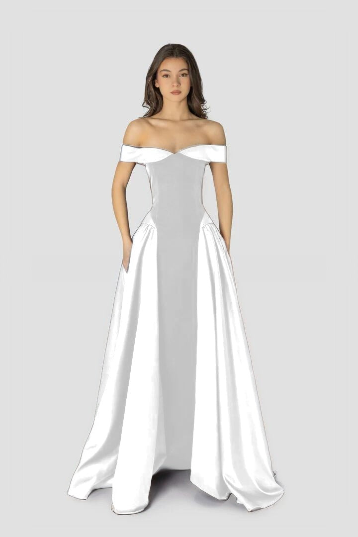 Cocoslly Off-The-Shoulder Sleeveless High Waist Long A Line Prom Dress | Regency Satin LR0426