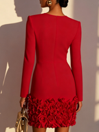 Red 3D Floral Classic V Neck Long Sleeve Sheath Mini Dress